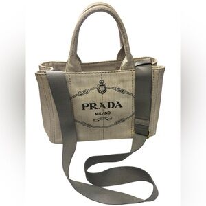 Prada Canapa White Denim Canvas Tote with Prada Strap